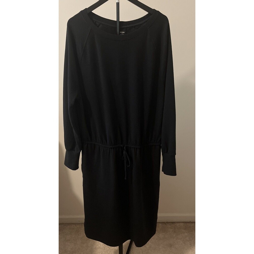 Prana XL Black Activewear Dress Long Sleeve Waist Tie Pocket Midi